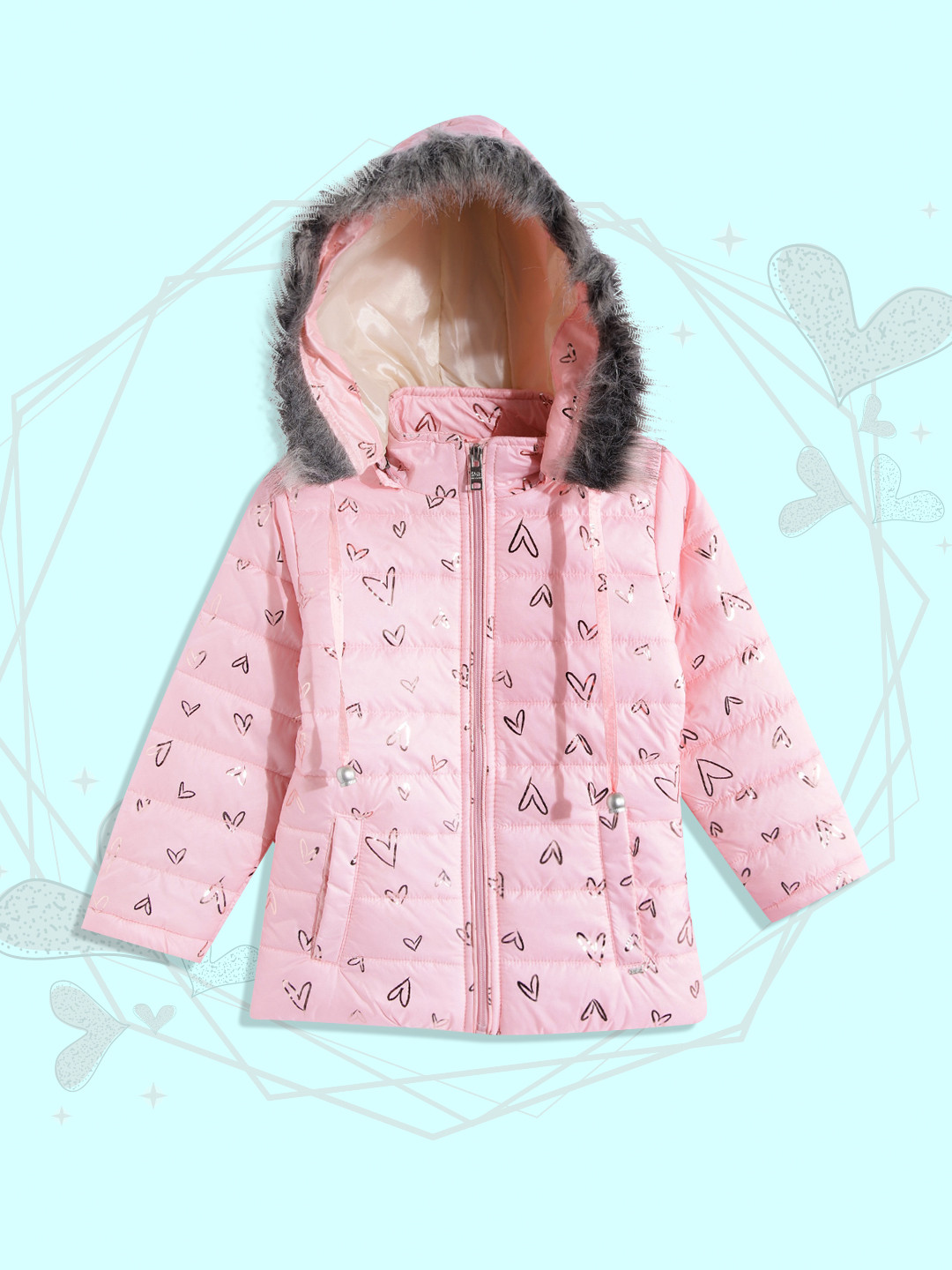 

Okane Girls Pink Heart Print Detachable Hood Parka Jacket