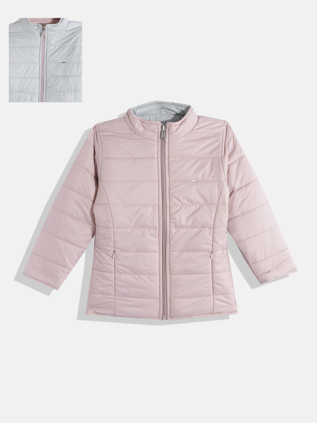 

Okane Girls Pink & Grey Solid Reversible Mock Collar Padded Jacket