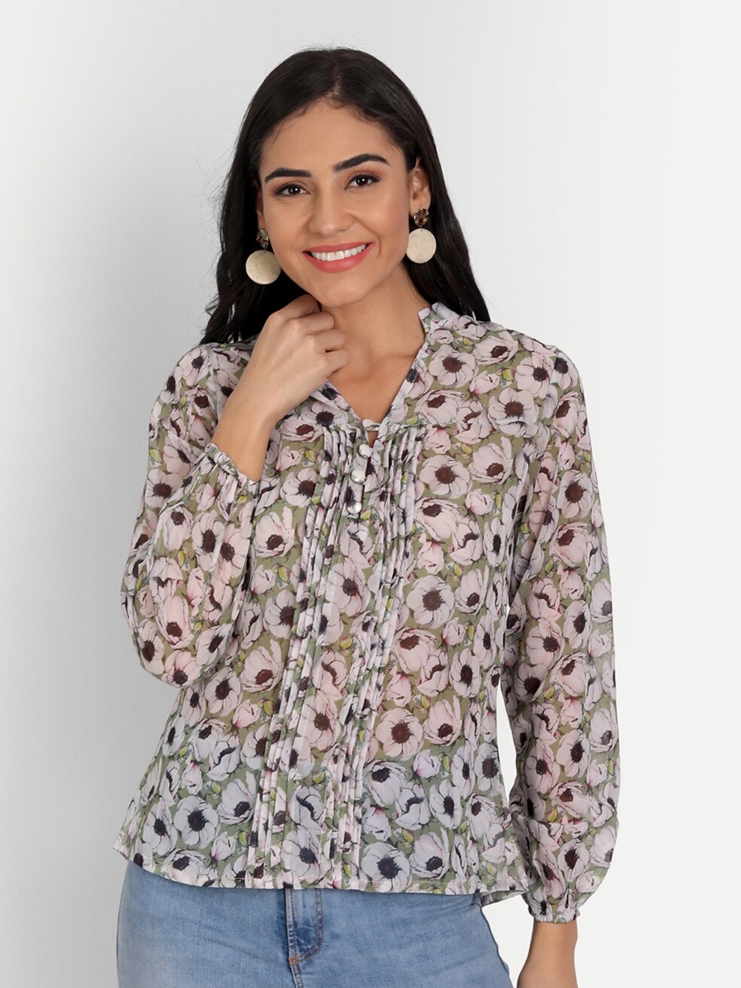 

Masakali.Co Green Floral Print Georgette Top