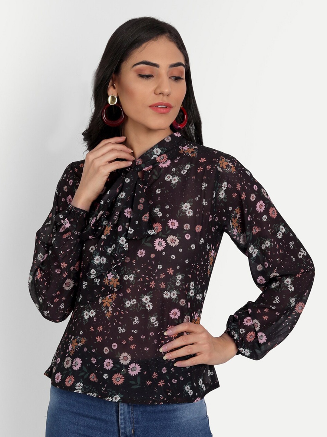 

Masakali Co Black Floral Print Tie-Up Neck Georgette Top