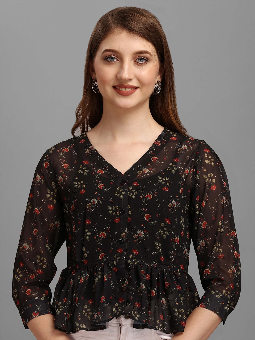 

Masakali Co Black & Red Floral Print Georgette Peplum Top