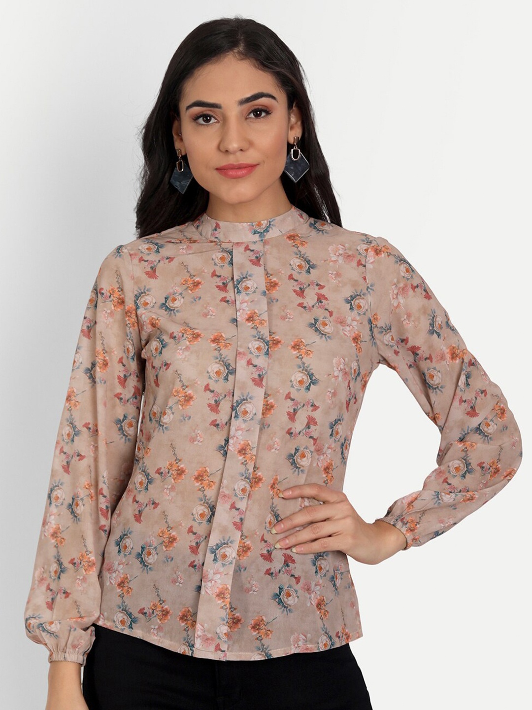 

Masakali Co Brown Floral Print Mandarin Collar Georgette Shirt Style Top