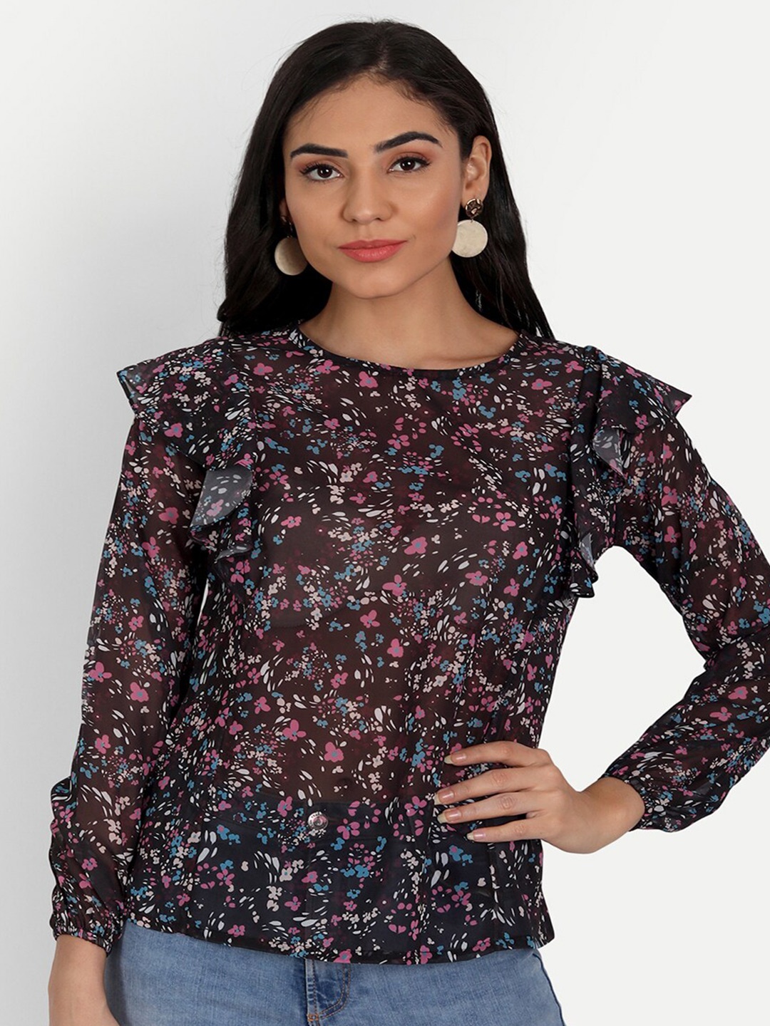 

Masakali Co Black Floral Print Bishop Sleeves Ruffles Georgette Top