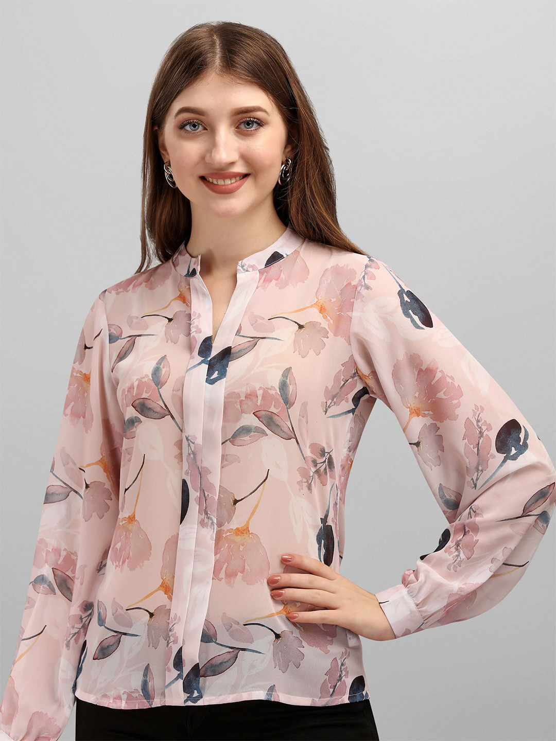 

Masakali Co Pink Floral Print Mandarin Collar Georgette Shirt Style Top