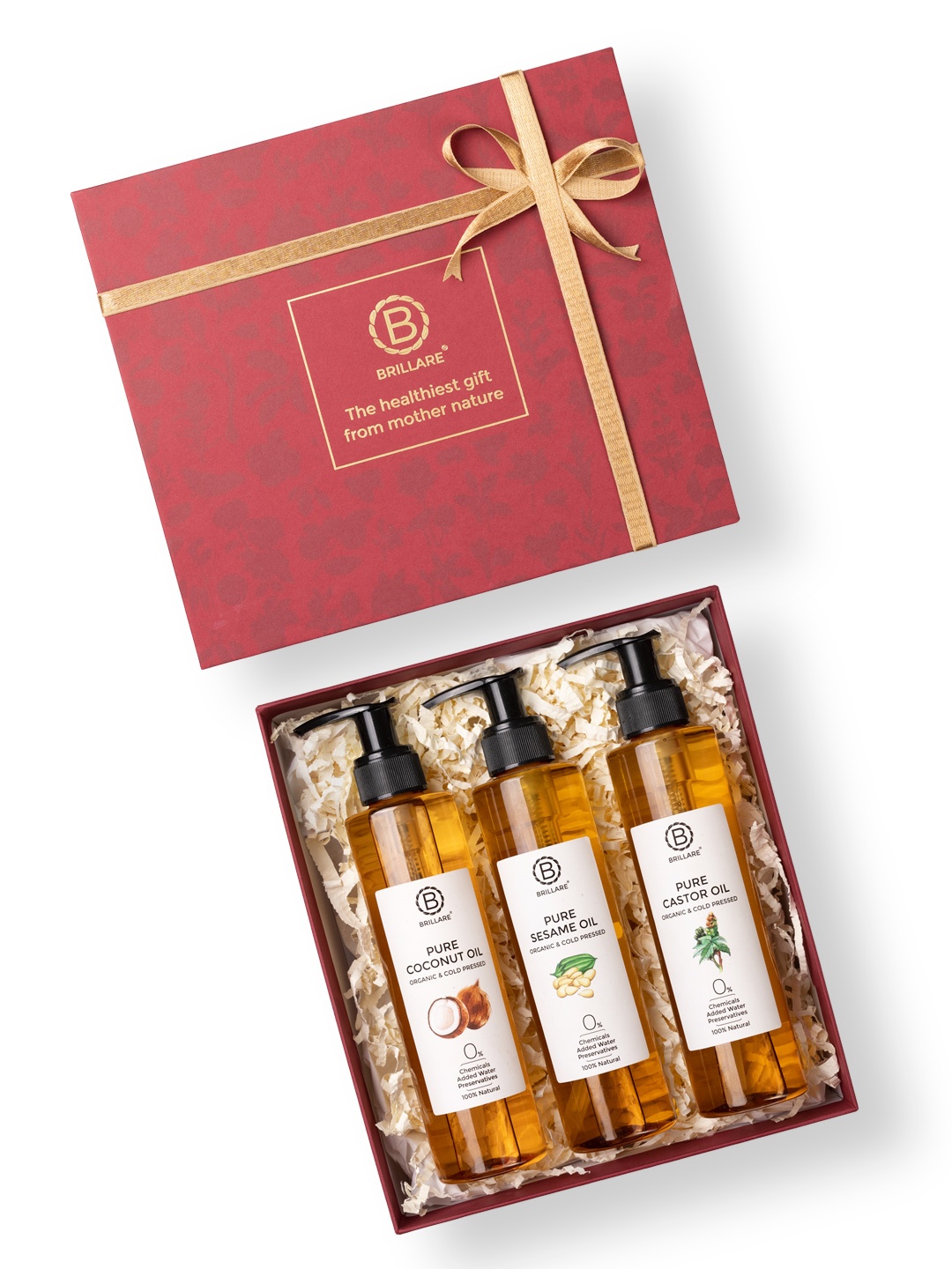 

BRILLARE Nature's Bliss Hair Care Gift Box-Coconut Oil+Castor Oil+Sesame Oil - 200 ml Each, Red