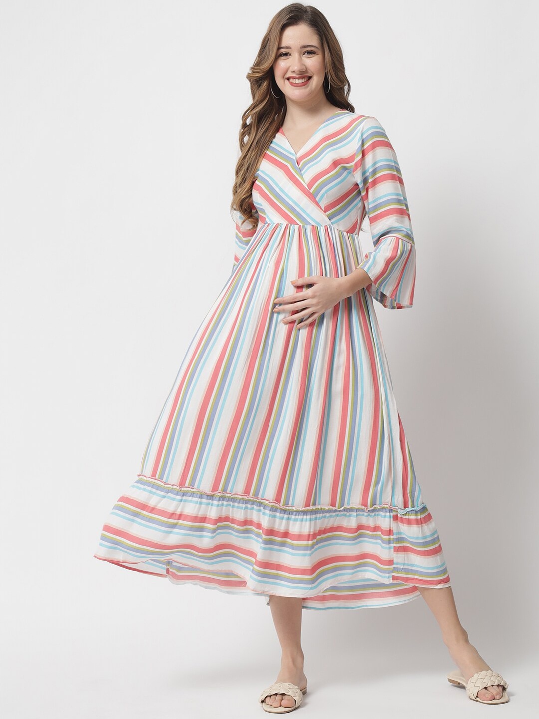 

The Dry State Women White Striped Angrakha Maternity Midi Dress