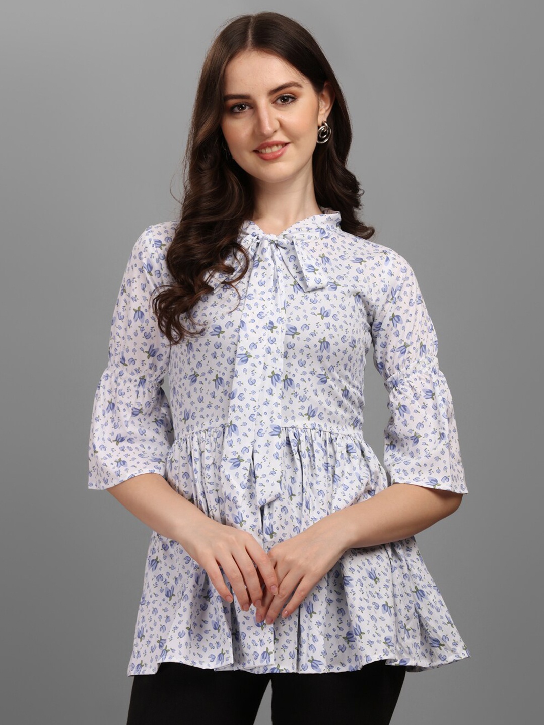 

GUFRINA White Floral Print Tie-Up Neck Crepe Shirt Style Top