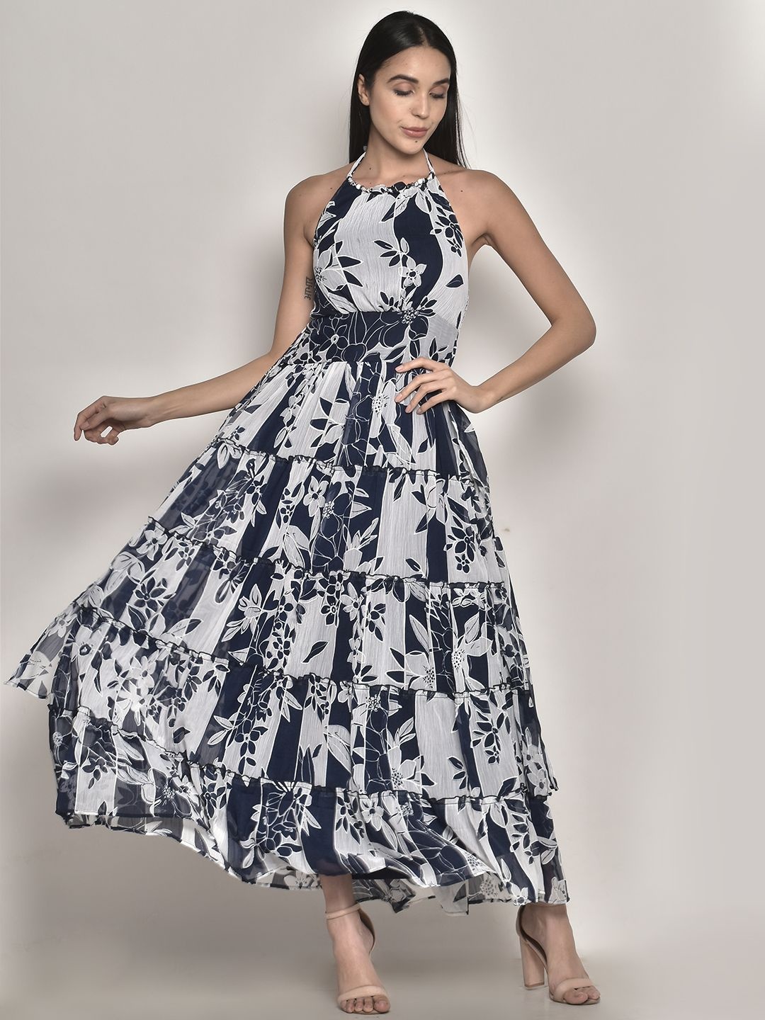 

250 DESIGNS Blue & White Floral Printed Halter Neck Georgette Maxi Dress