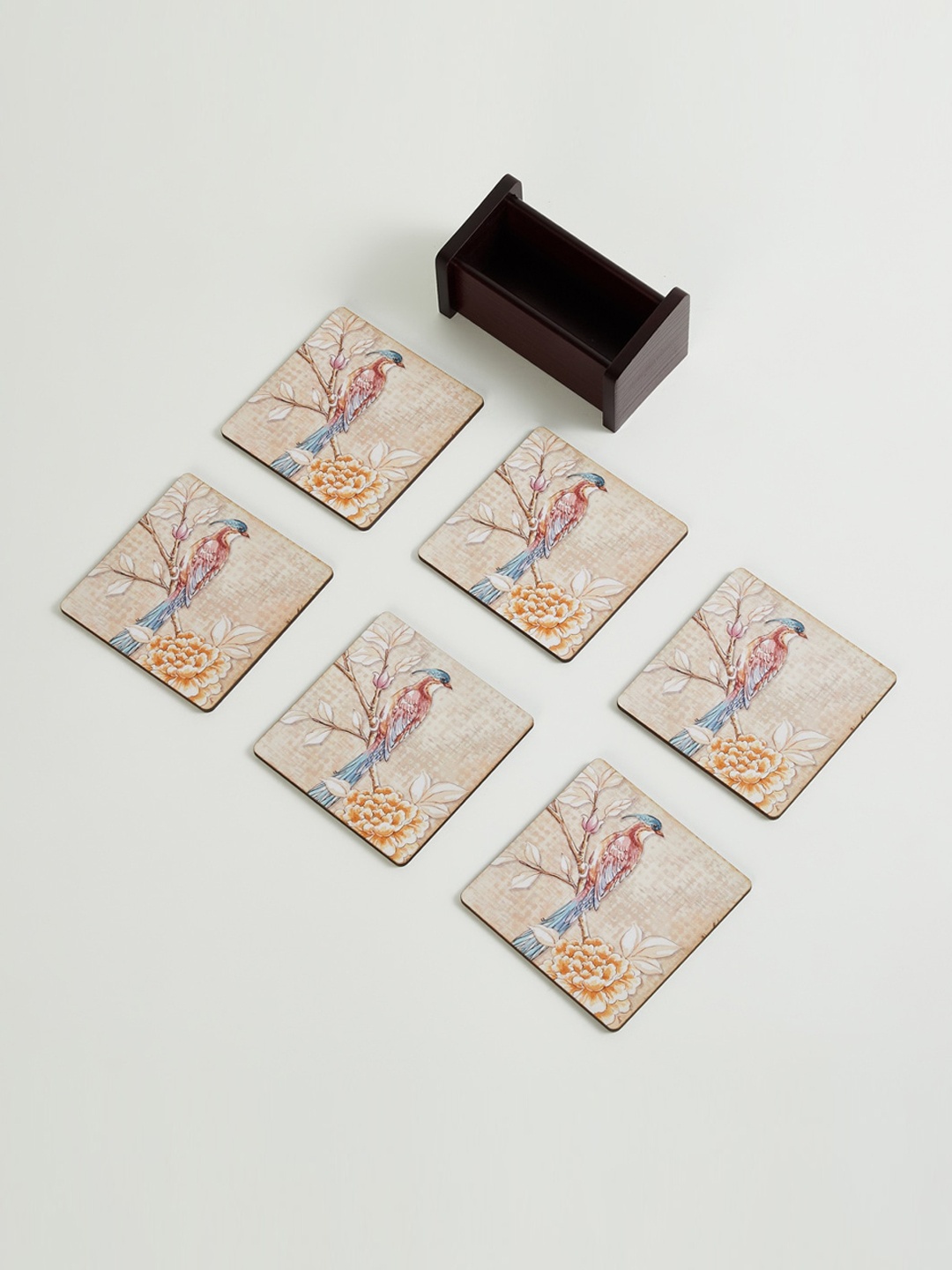 

Home Centre Set Of 7 Printed Wooden Coaster with Box, Beige