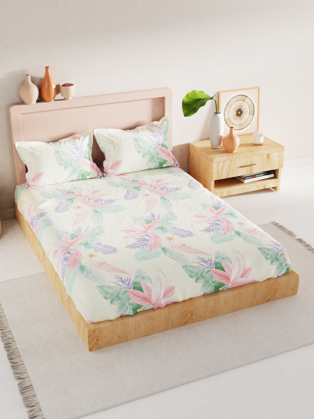

BIANCA Beige & Green Floral 186 TC King Bedsheet with 2 Pillow Covers
