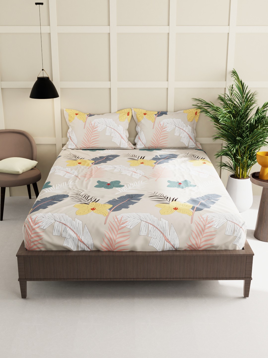 

BIANCA Beige & Yellow Floral 160 TC King Bedsheet with 2 Pillow Covers