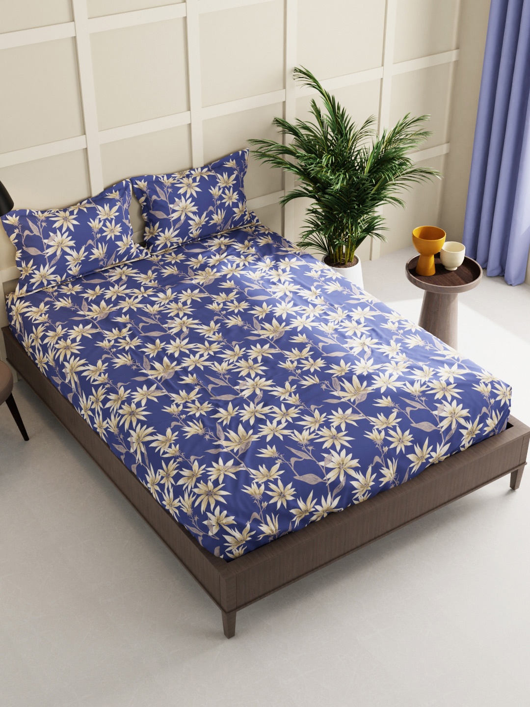 

BIANCA Blue & Beige Floral 160 TC Double Bedsheet with 2 Pillow Covers