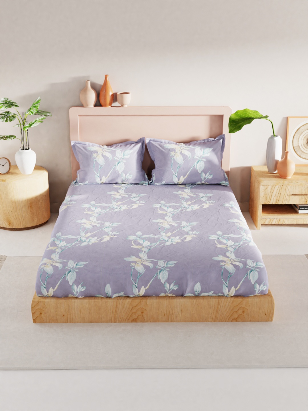 

BIANCA Grey & Blue Floral 186 TC King Bedsheet with 2 Pillow Covers