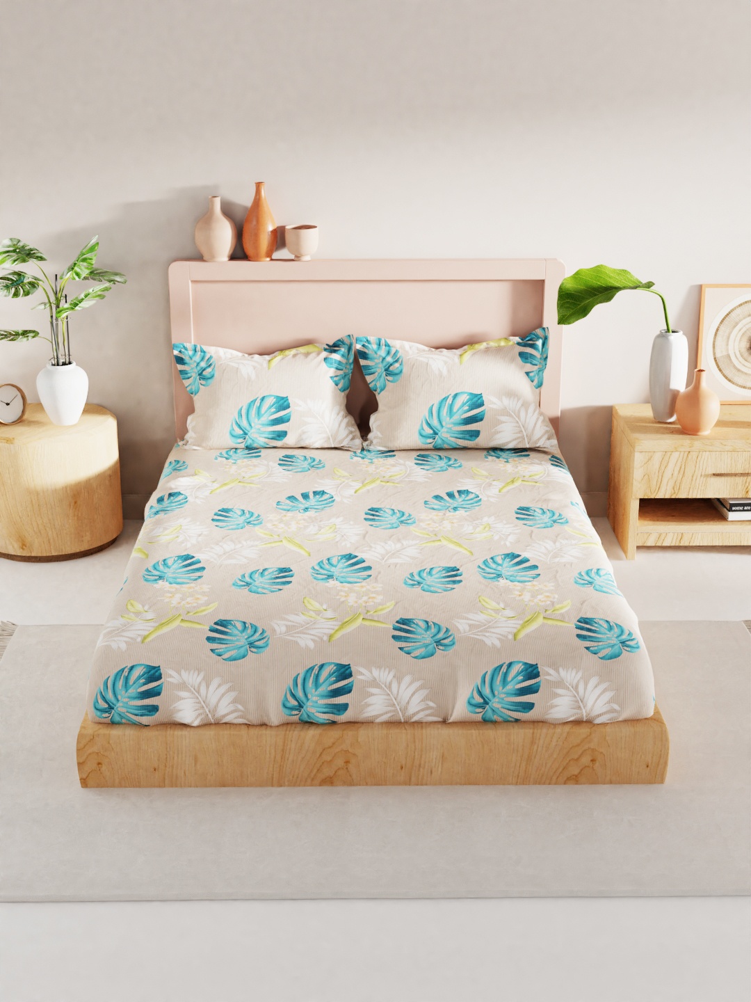 

BIANCA Khaki & Blue Floral 186 TC King Bedsheet with 2 Pillow Covers