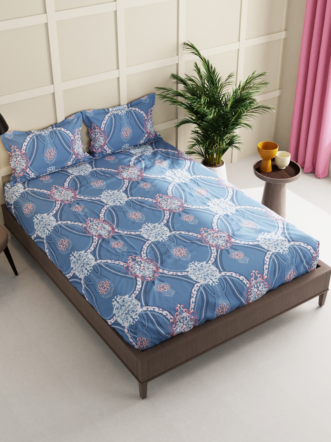 

BIANCA Blue & White Floral 160 TC King Bedsheet with 2 Pillow Covers