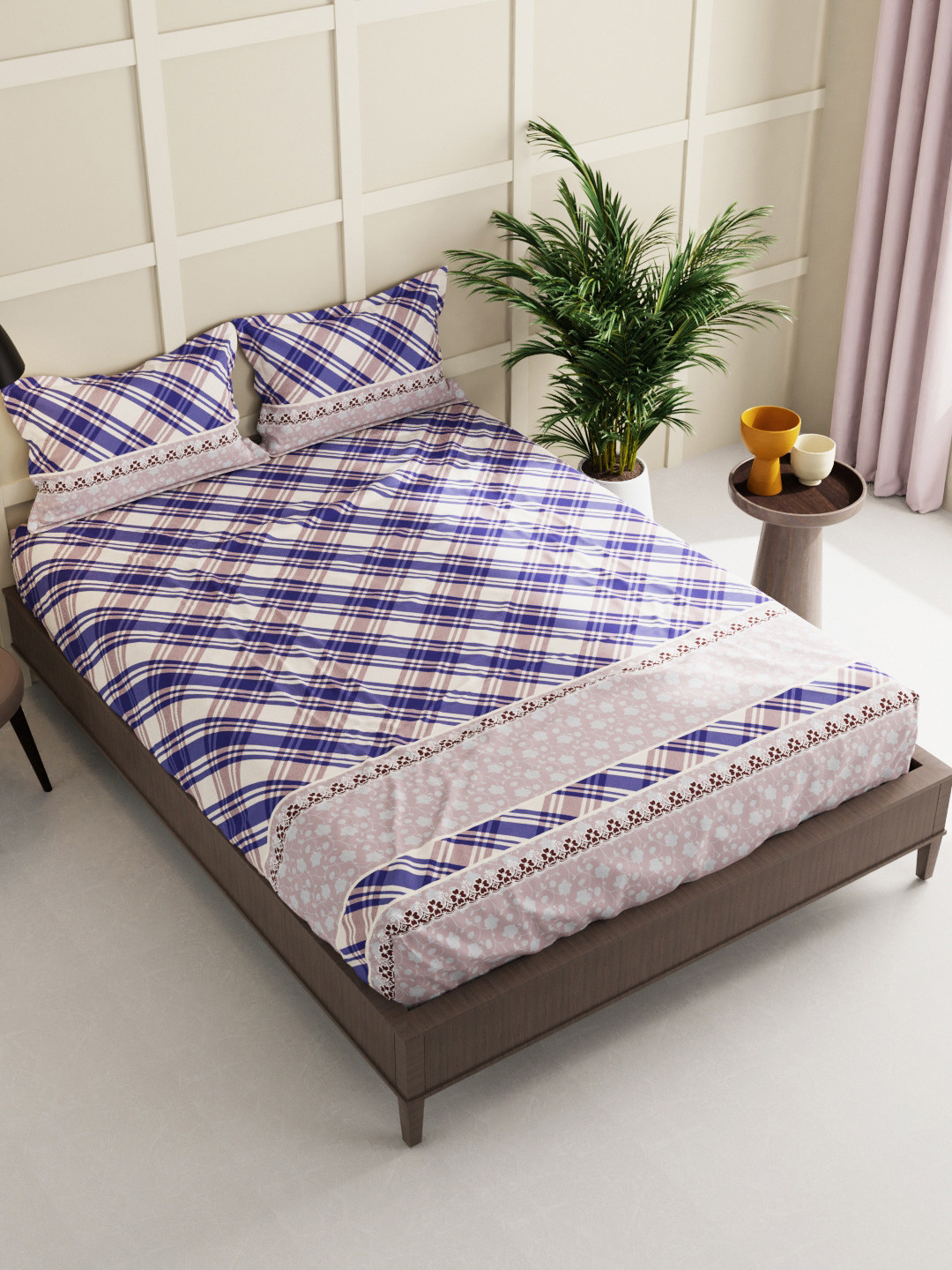 

KOPA Blue & Cream-Coloured Geometric 160 TC King Bedsheet with 2 Pillow Covers