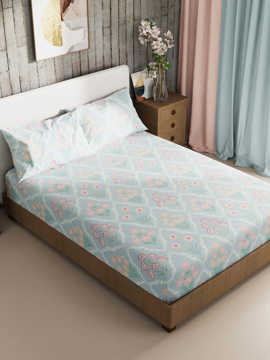 

BIANCA Blue & Pink Floral 186 TC King Bedsheet with 2 Pillow Covers
