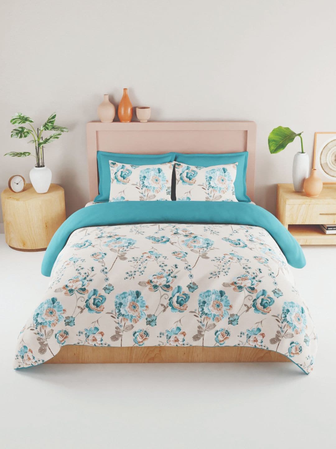 

BIANCA Beige & Blue Floral 186 TC King Bedsheet with 2 Pillow Covers