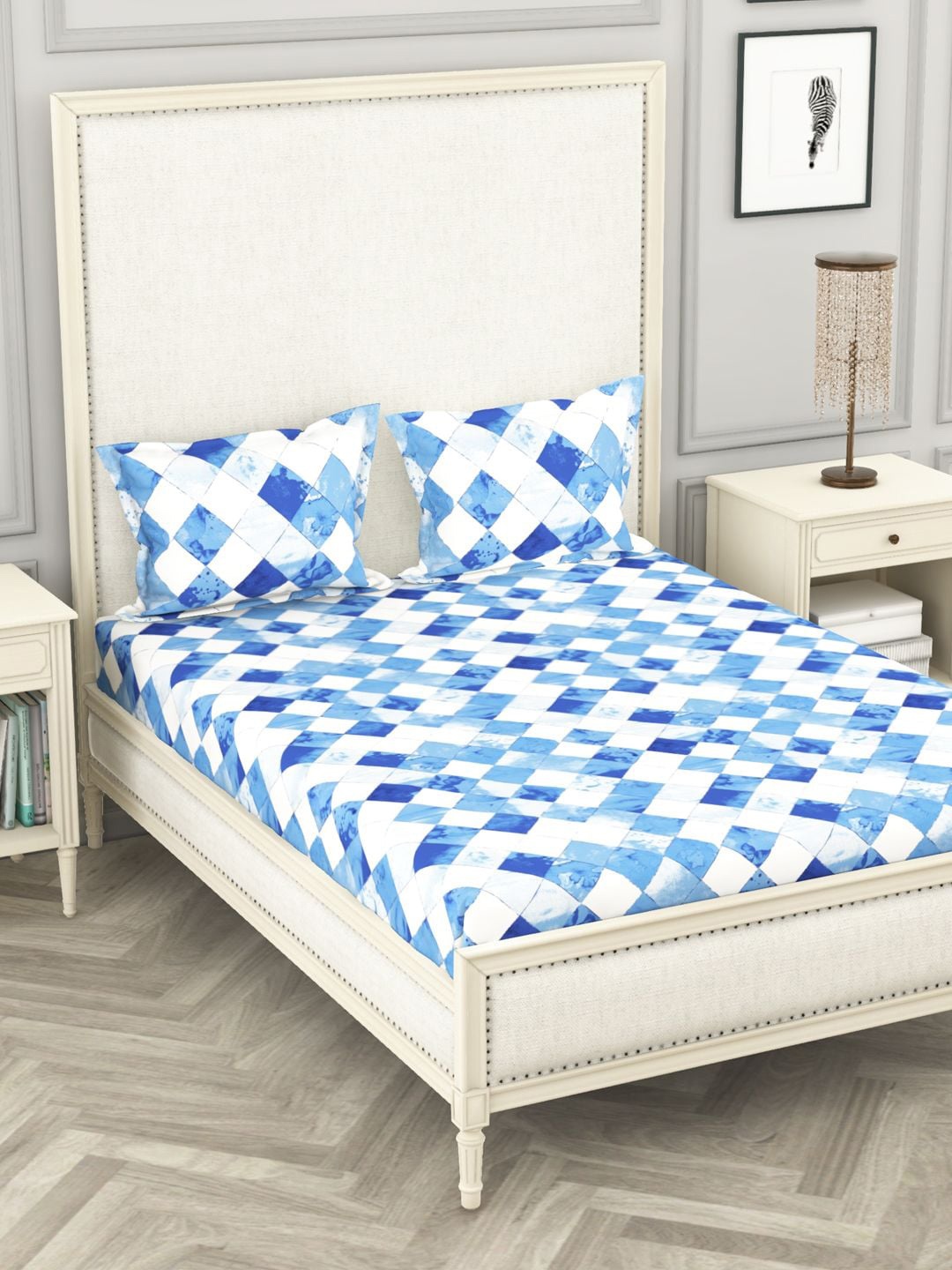 

BIANCA Blue & White 104 TC Queen Bedsheet with 2 Pillow Covers