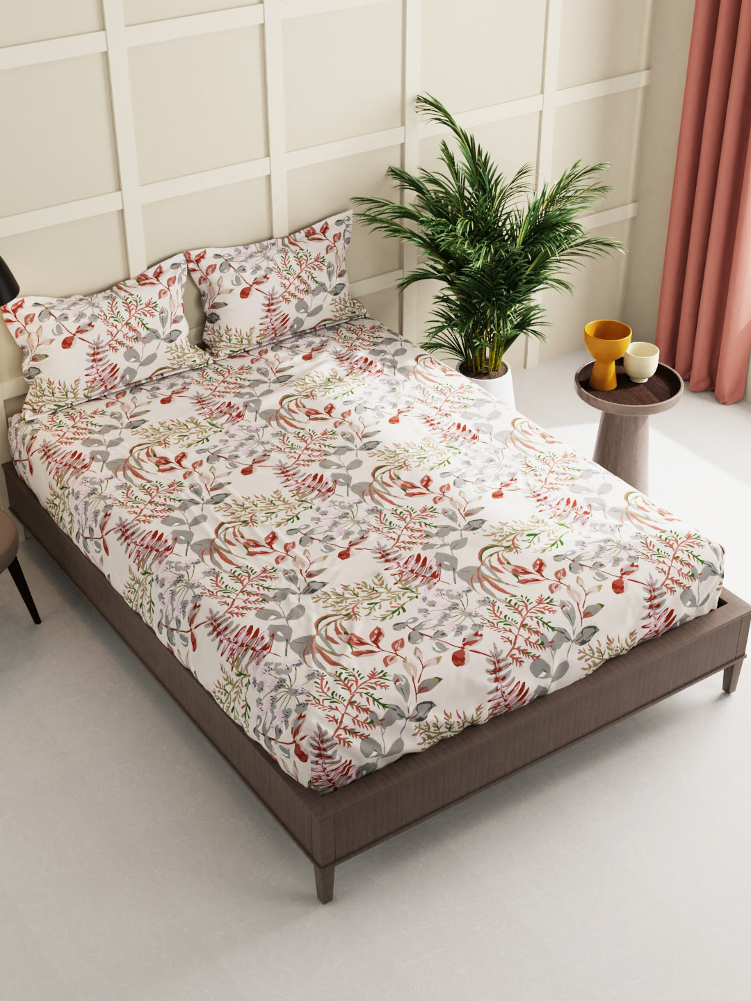 

BIANCA Cream-Coloured & Red Floral 160 TC King Bedsheet with 2 Pillow Covers