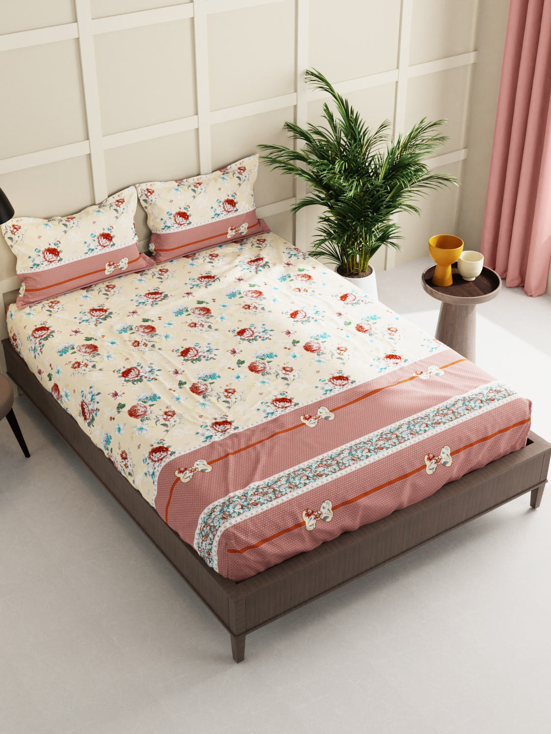 

KOPA Brown & Blue Floral 160 TC King Bedsheet with 2 Pillow Covers