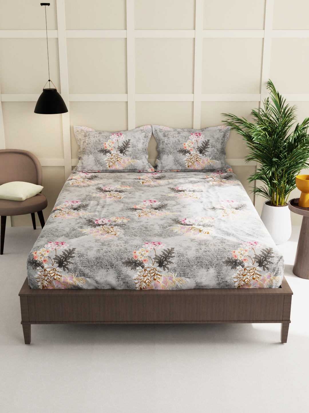 

BIANCA Grey & Pink Floral 160 TC King Bedsheet with 2 Pillow Covers