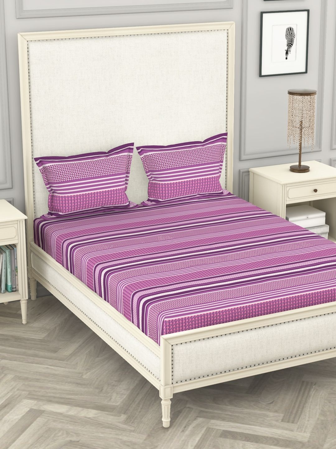 

BIANCA Purple & White Striped 104 TC King Bedsheet with 2 Pillow Covers