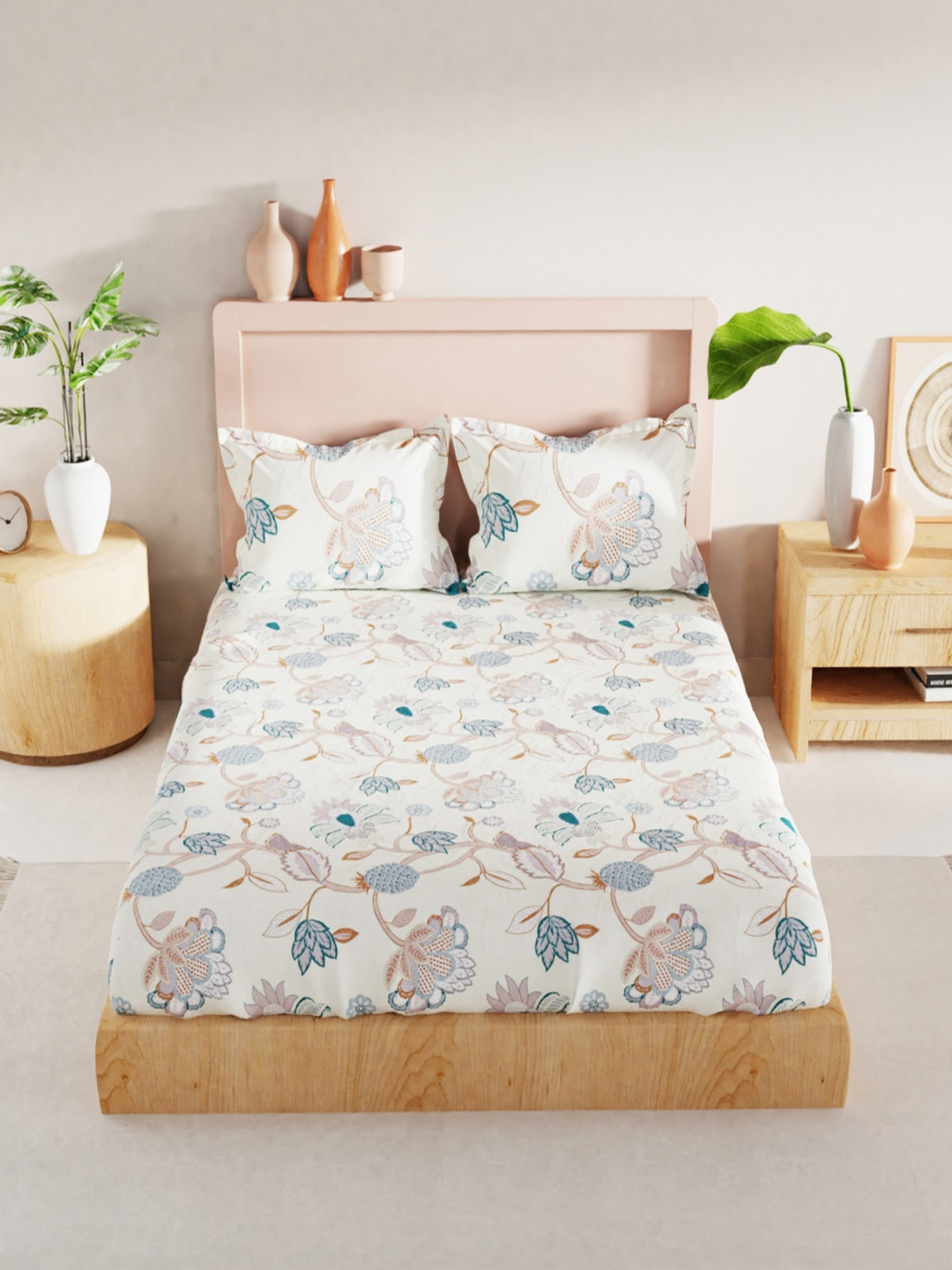 

BIANCA White & Blue Floral 186 TC King Bedsheet with 2 Pillow Covers