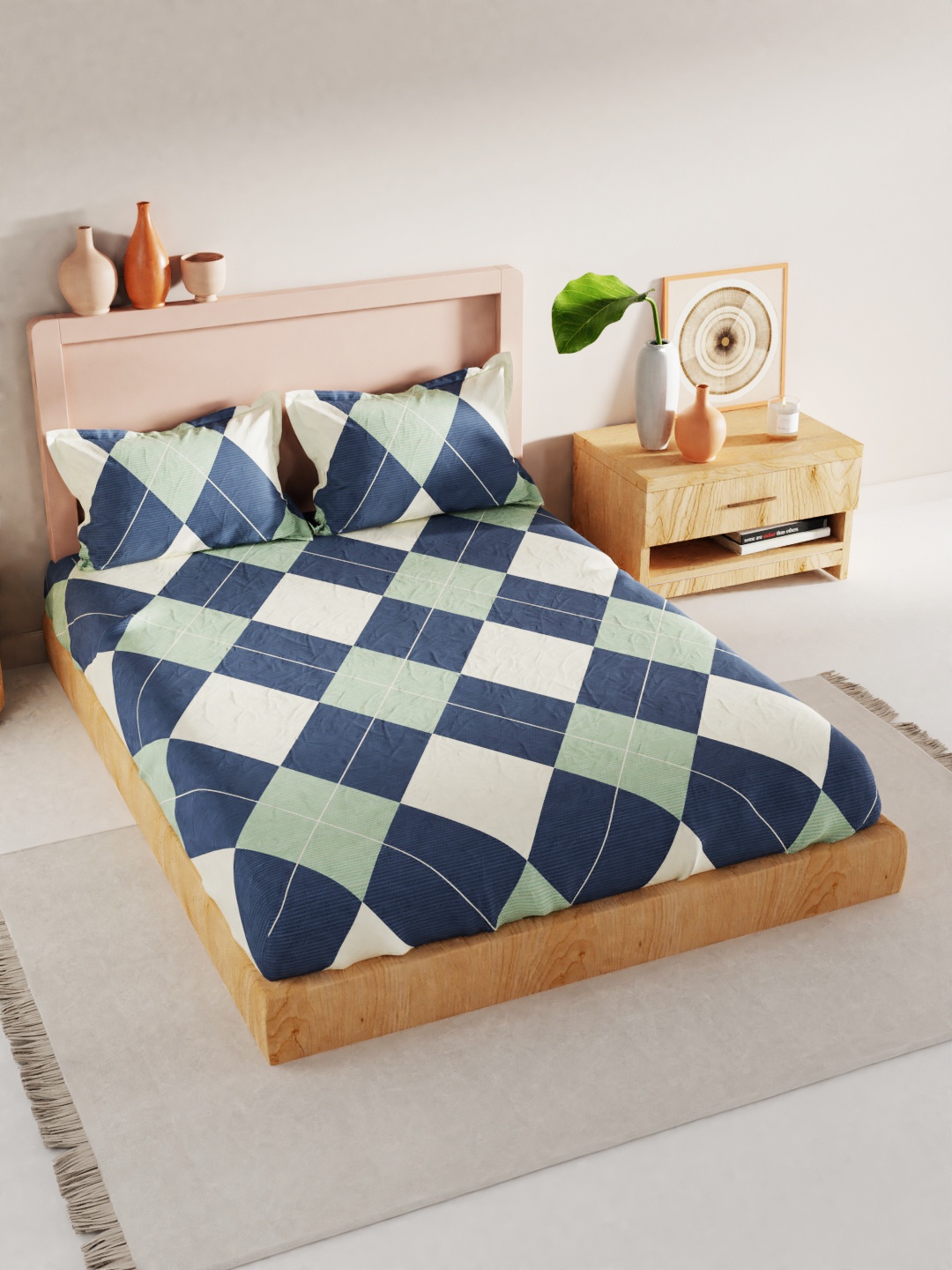 

BIANCA Blue & White Geometric 186 TC King Bedsheet with 2 Pillow Covers