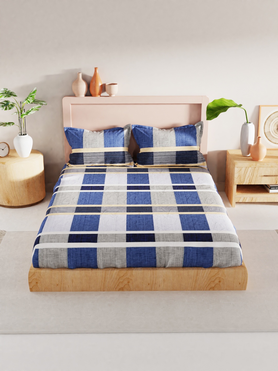 

BIANCA Blue & Black Geometric 186 TC King Bedsheet with 2 Pillow Covers