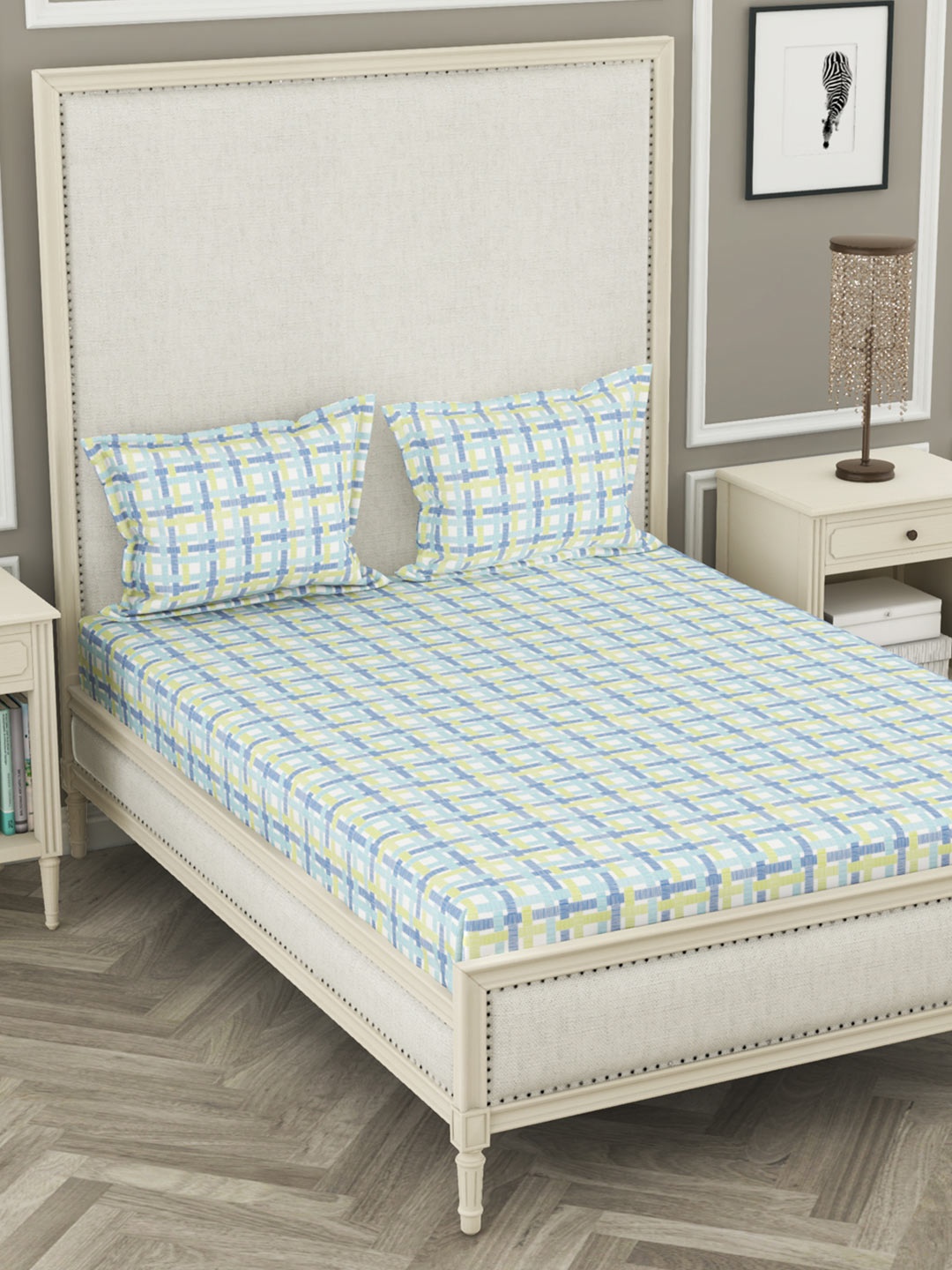 

BIANCA Blue & Yellow Geometric 104 TC King Bedsheet with 2 Pillow Covers