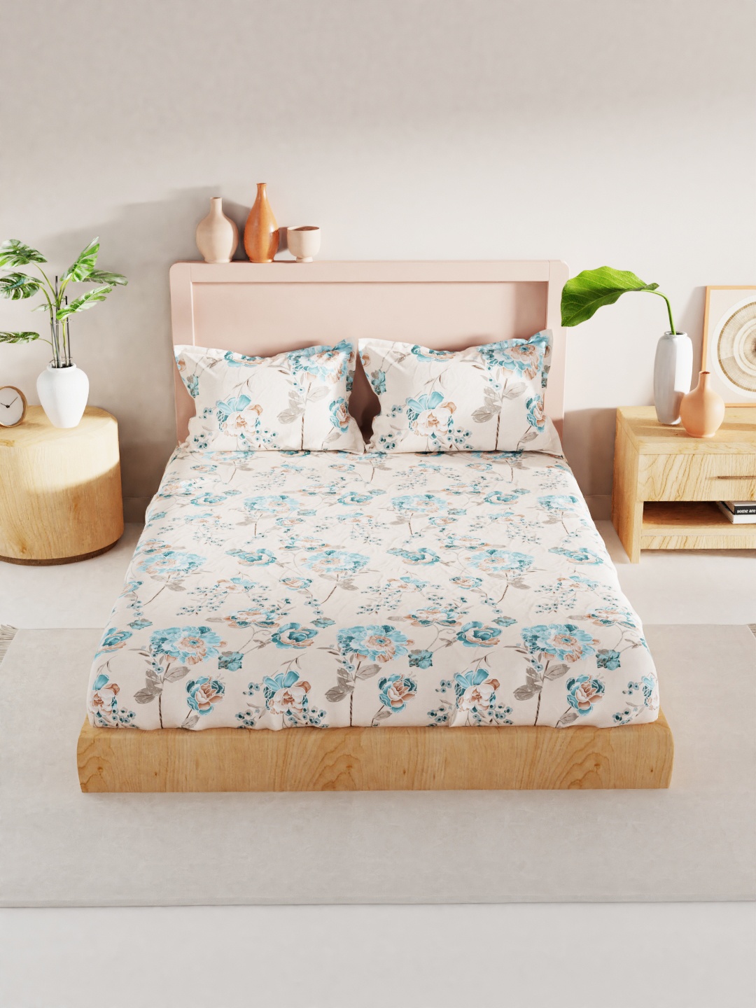 

BIANCA Beige & Blue Floral 186 TC King Bedsheet with 2 Pillow Covers