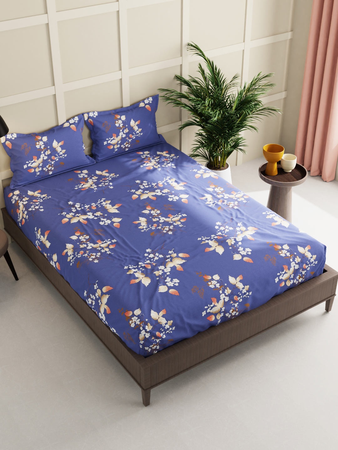 

BIANCA Blue & Off White Floral 160 TC King Bedsheet with 2 Pillow Covers