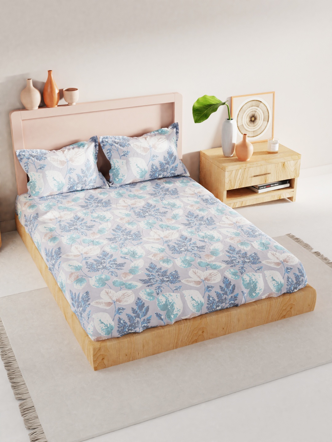 

BIANCA Grey & Blue Floral 186 TC King Bedsheet with 2 Pillow Covers