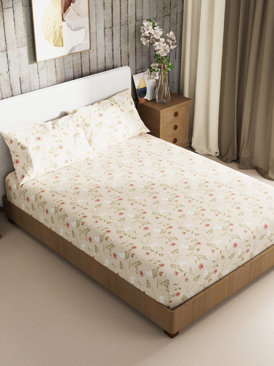 

BIANCA Beige & White Floral 186 TC King Bedsheet with 2 Pillow Covers