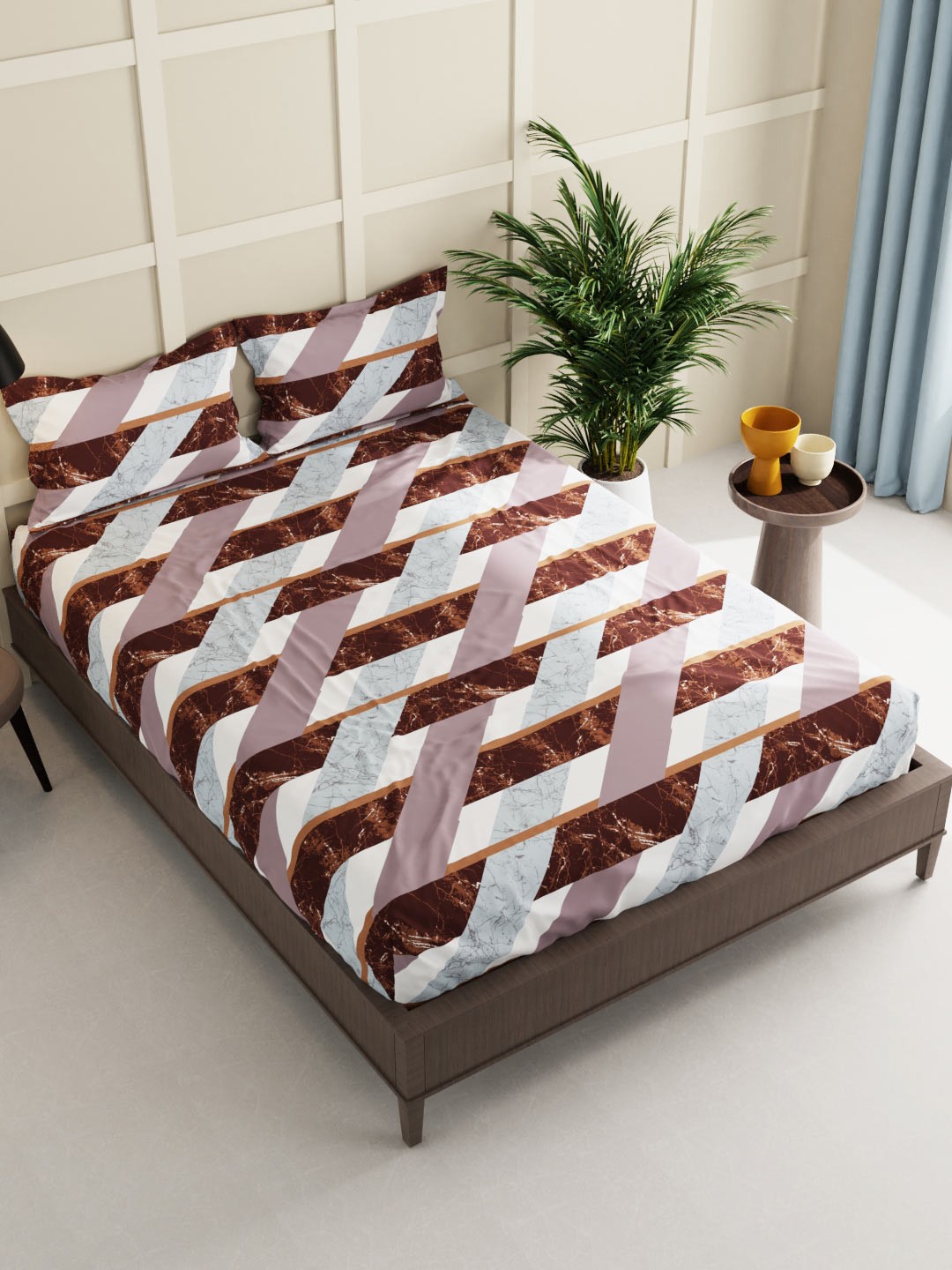 

BIANCA Beige & Khaki Geometric 160 TC King Bedsheet with 2 Pillow Covers