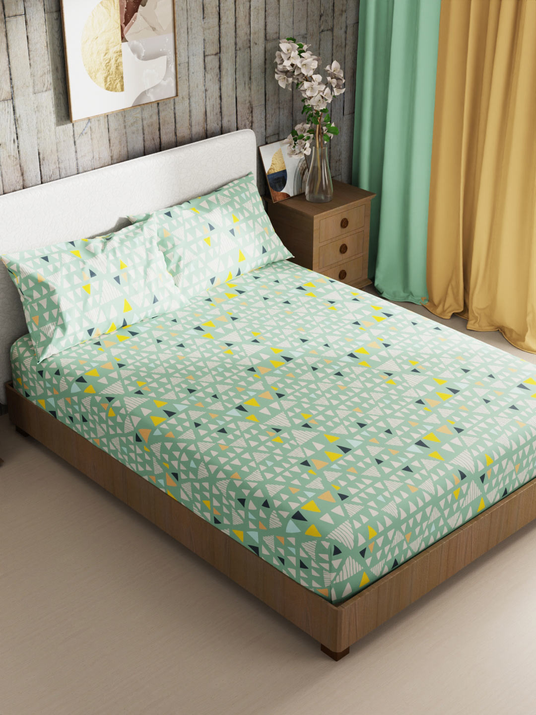 

BIANCA Green & Orange Geometric 186 TC King Bedsheet with 2 Pillow Covers