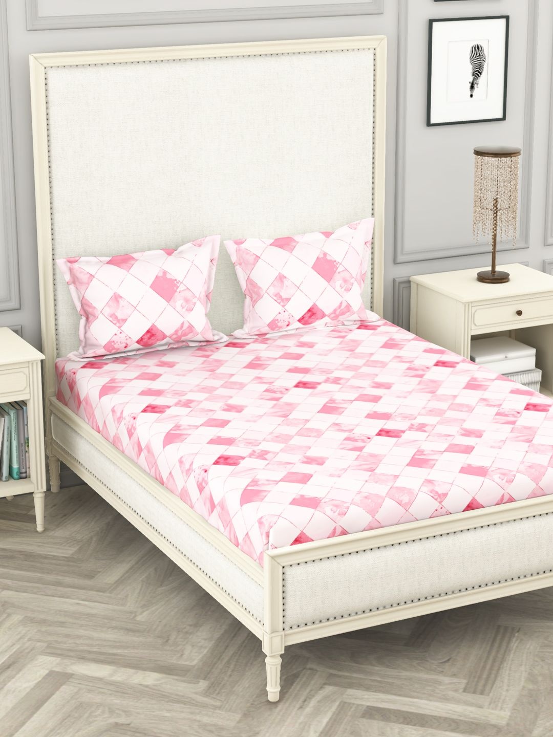 

BIANCA Pink & White Geometric 104 TC King Bedsheet with 2 Pillow Covers