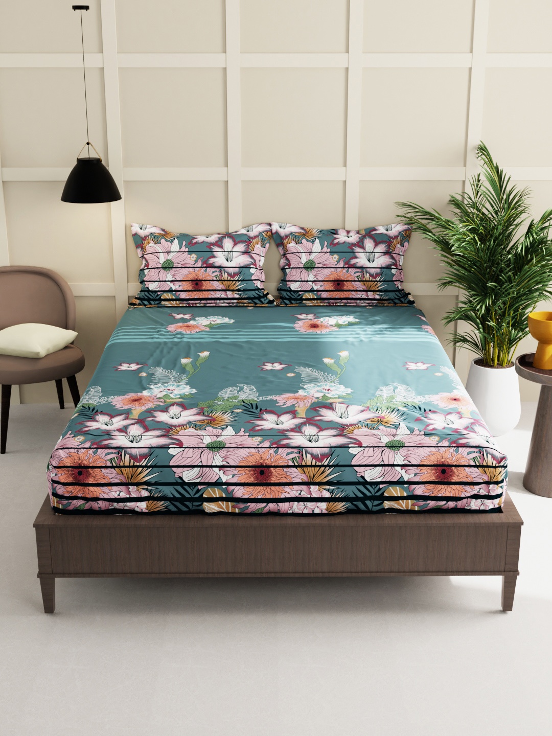 

BIANCA Green & Pink Floral 160 TC King Bedsheet with 2 Pillow Covers
