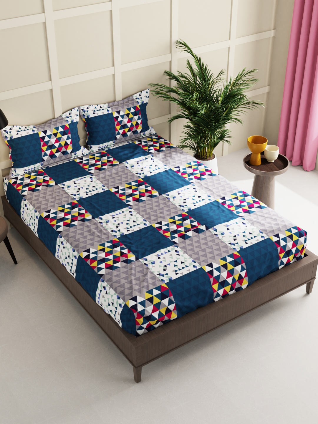 

BIANCA Blue & White Geometric 160 TC King Bedsheet with 2 Pillow Covers