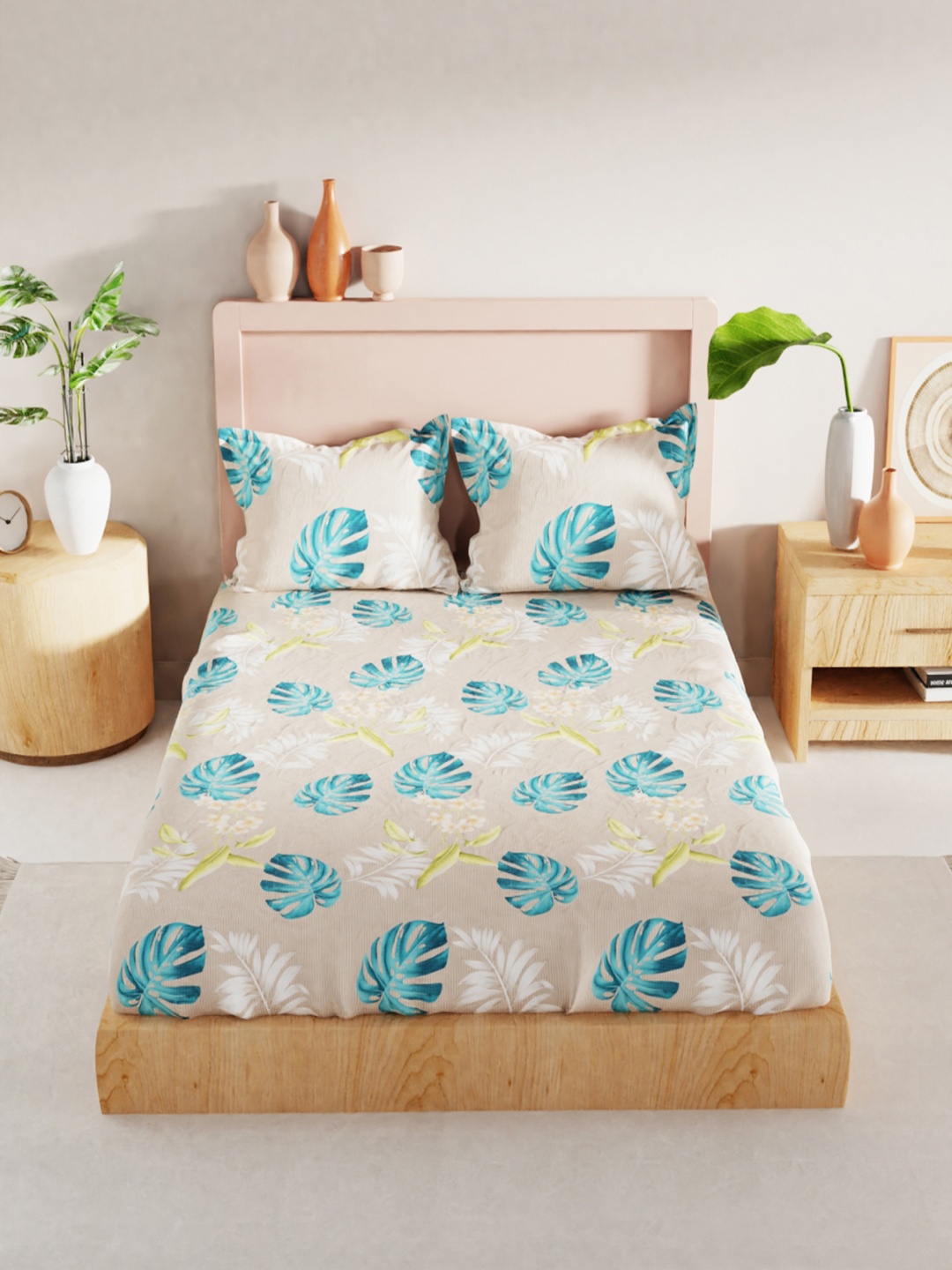 

BIANCA Khaki & Blue Floral 186 TC King Bedsheet with 2 Pillow Covers