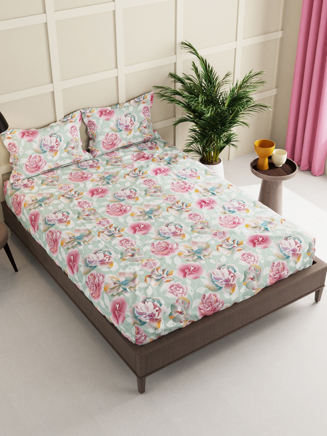 

BIANCA Green & Pink Floral 160 TC King Bedsheet with 2 Pillow Covers
