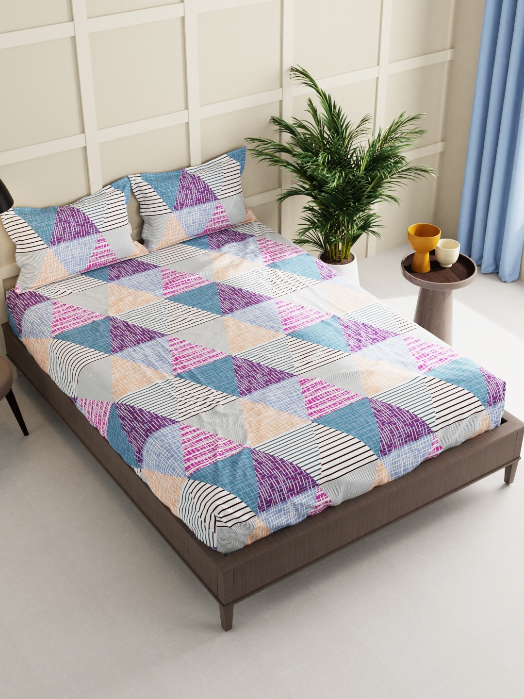 

BIANCA White & Green Geometric 160 TC King Bedsheet with 2 Pillow Covers