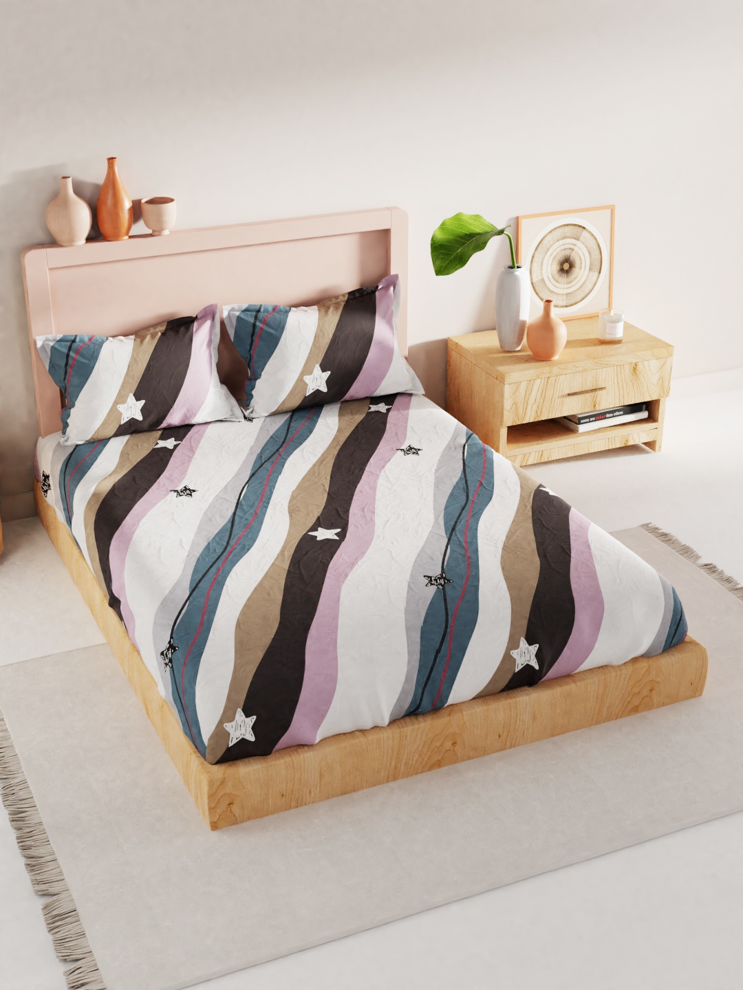 

BIANCA Beige & Blue Geometric 186 TC King Bedsheet with 2 Pillow Covers