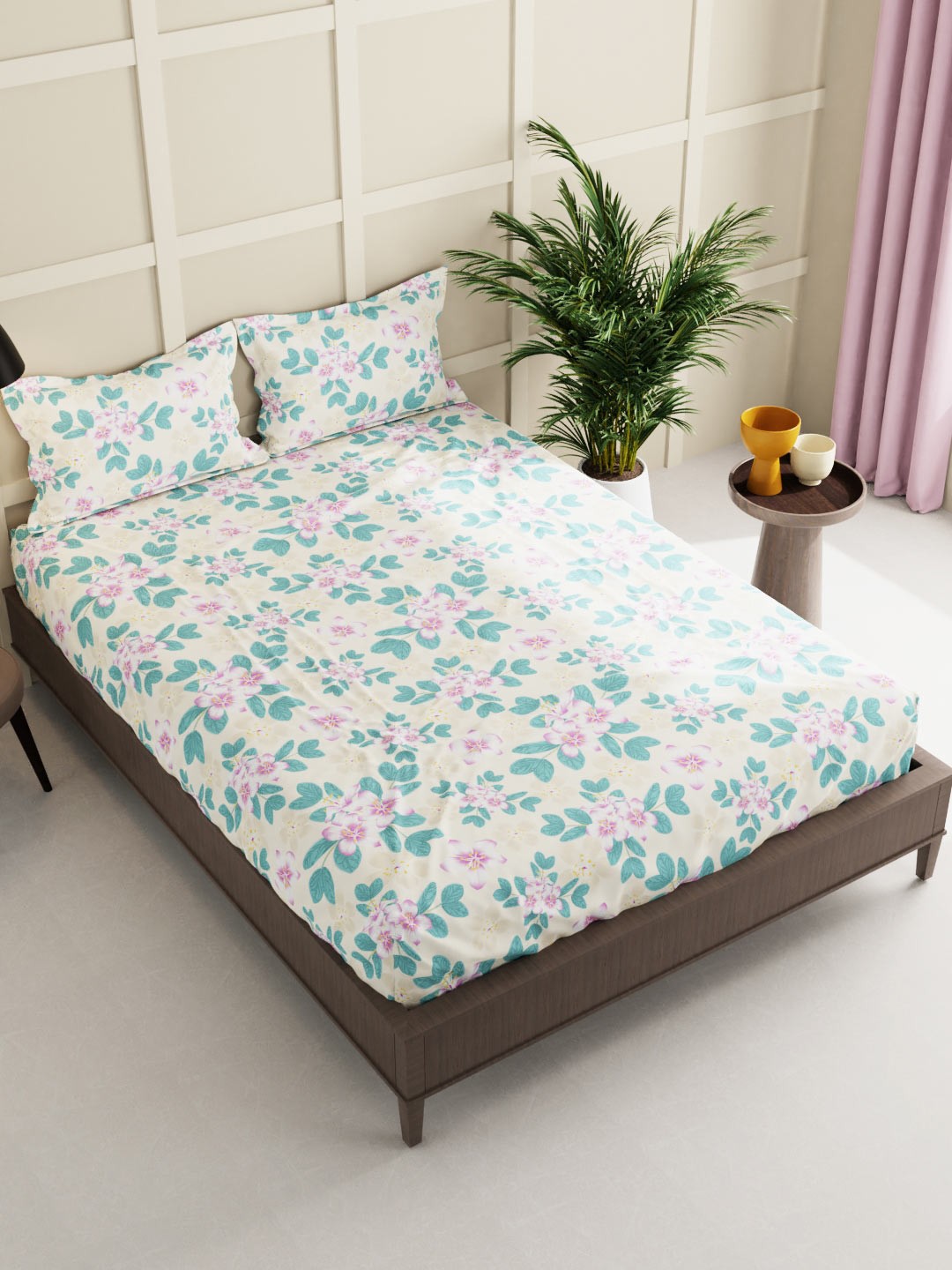 

BIANCA Turquoise Blue & Off White Floral 160 TC King Bedsheet with 2 Pillow Covers
