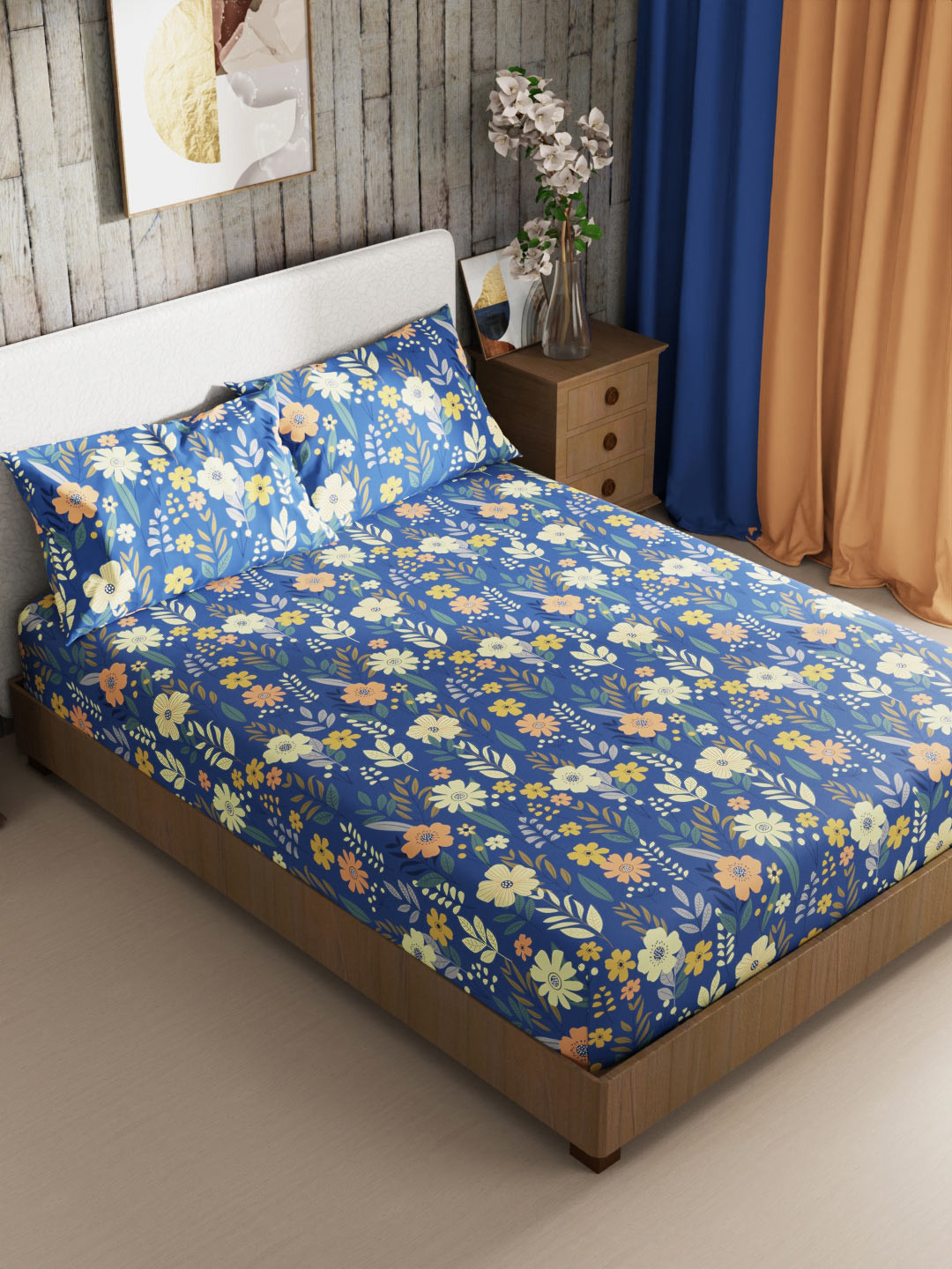 

BIANCA Blue & Orange Floral 186 TC King Bedsheet with 2 Pillow Covers
