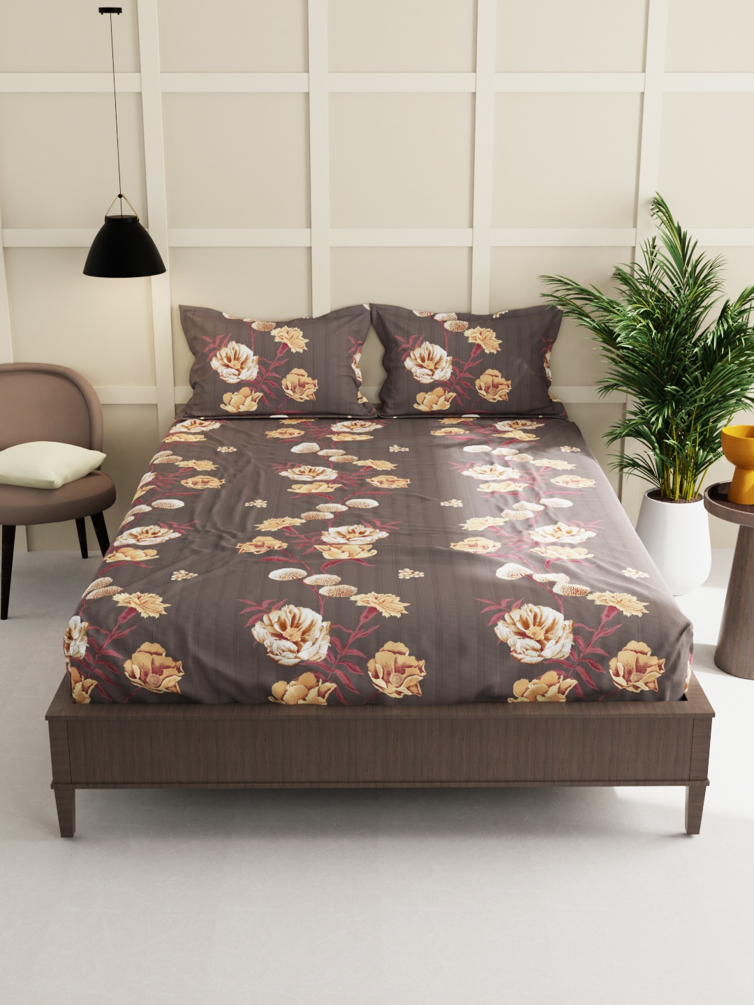 

BIANCA Brown & Grey Floral 160 TC King Bedsheet with 2 Pillow Covers