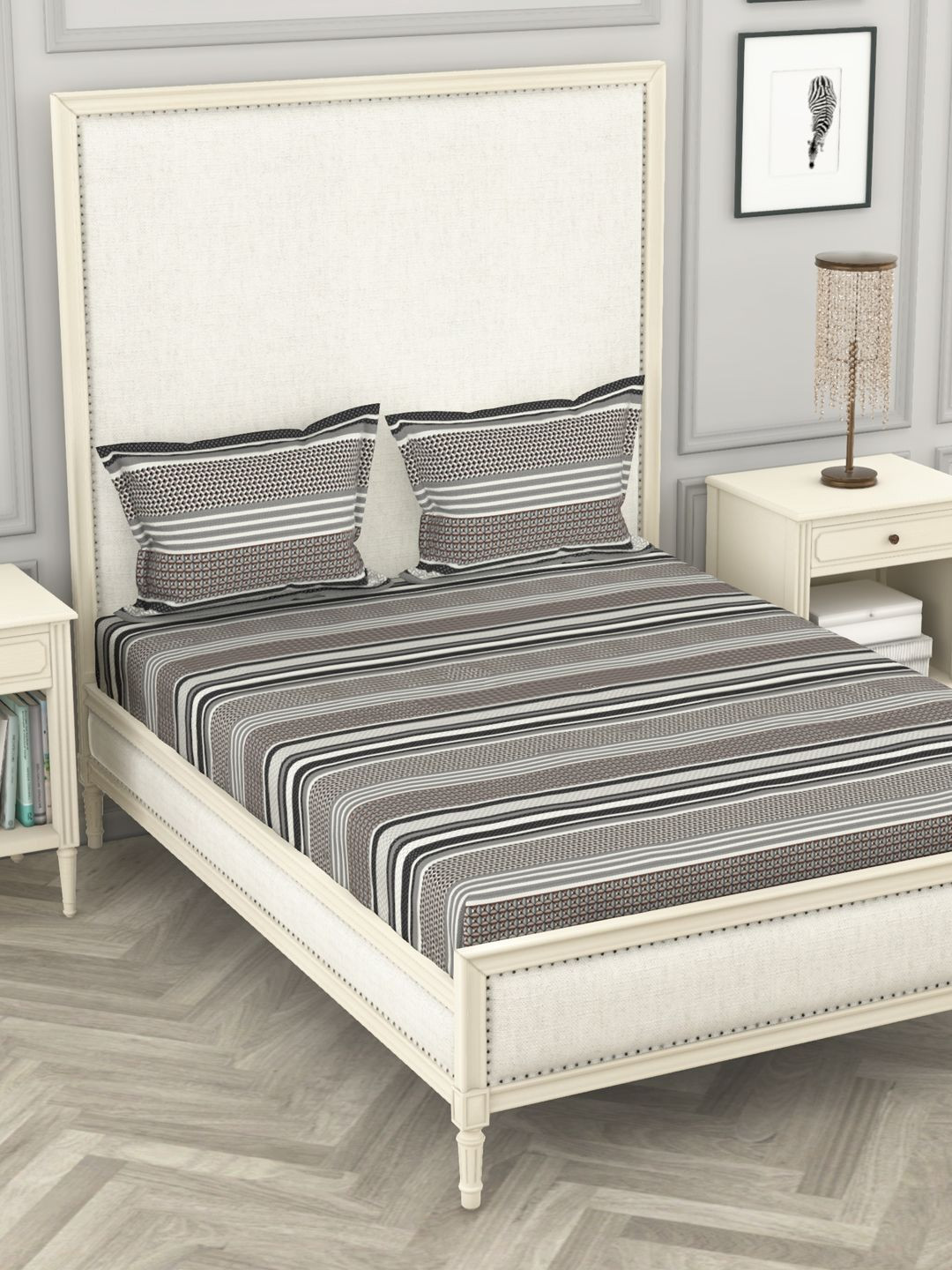 

BIANCA Grey Striped 104 TC King Bedsheet with 2 Pillow Covers
