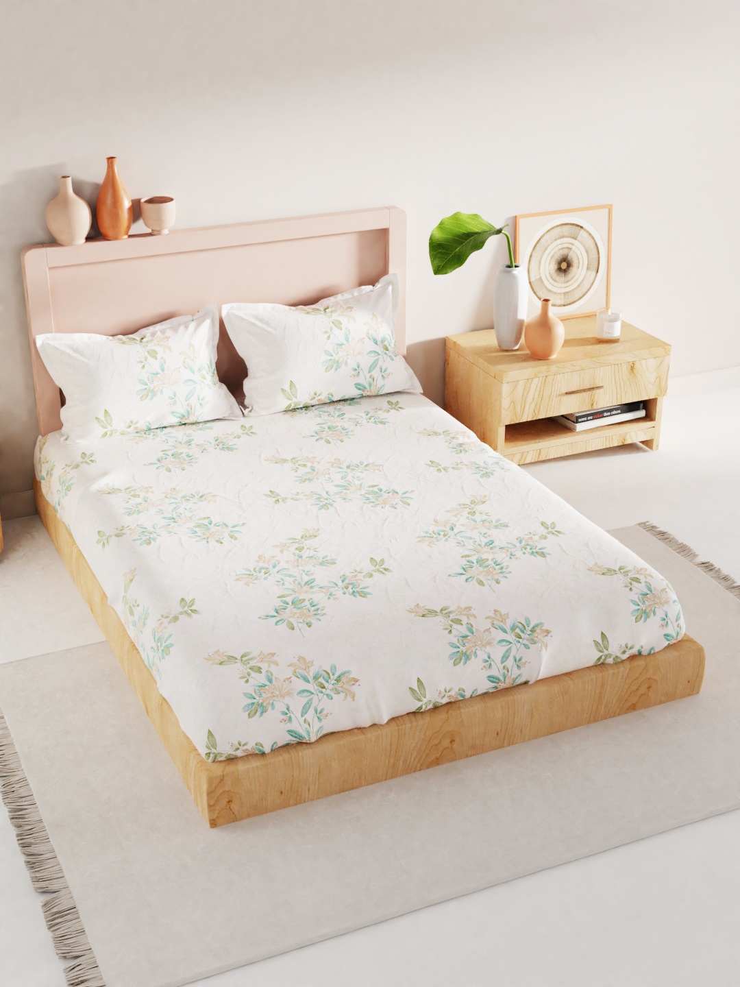 

BIANCA White & Green Floral 186 TC King Bedsheet with 2 Pillow Covers GSM 130