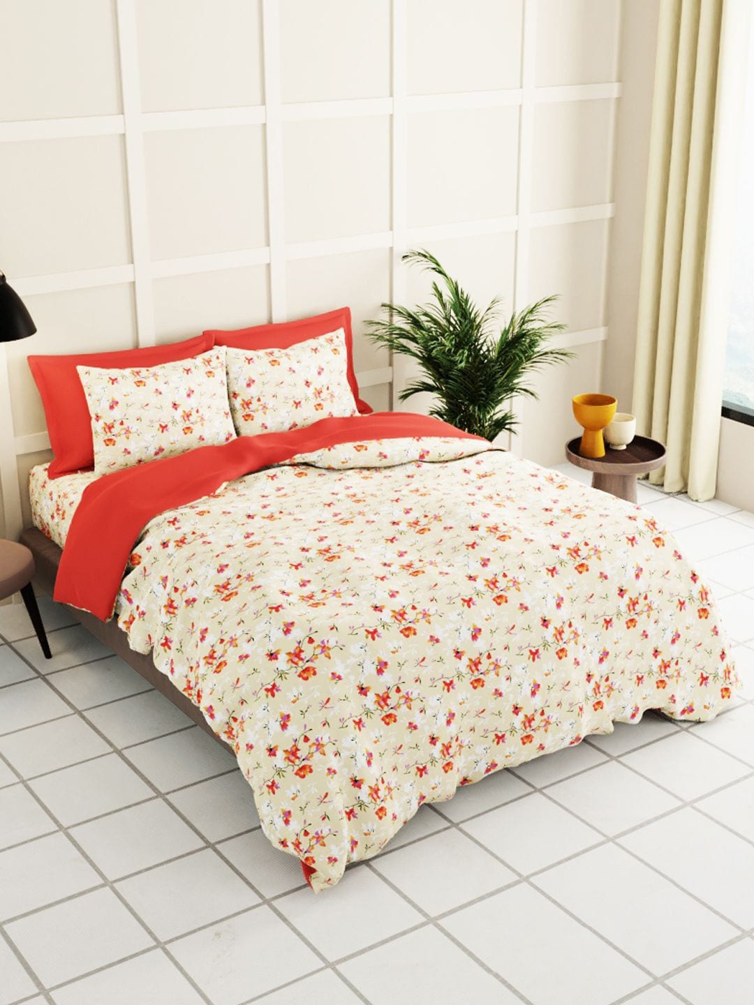 

KOPA Beige & Red Floral 160 TC King Bedsheet with 2 Pillow Covers